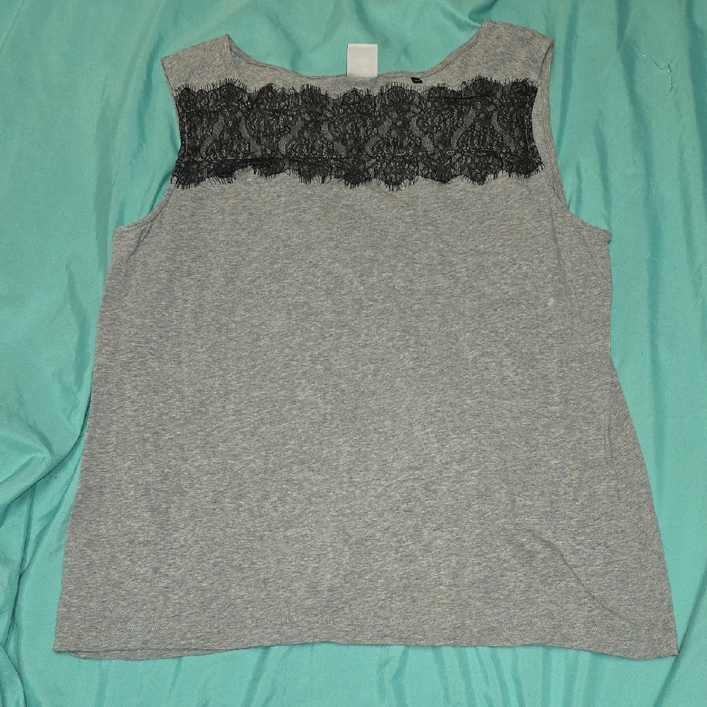 CAbi Gray Tank Top with Black Lace Detail
